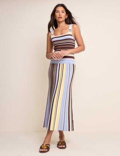 Brown and Blue Striped Drop Waist Knit Dress