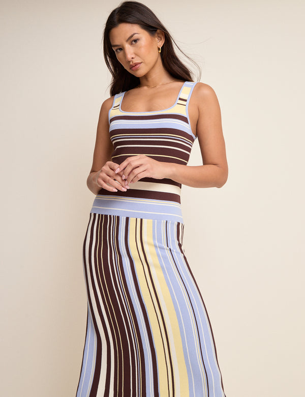 Brown and Blue Striped Drop Waist Knit Dress