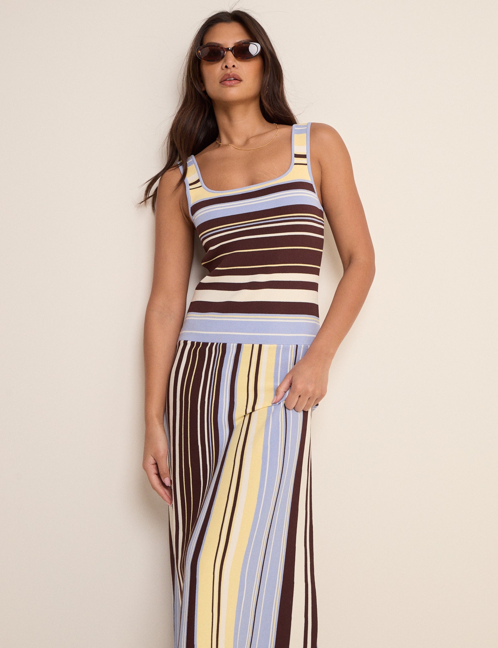 Brown and Blue Striped Drop Waist Knit Dress