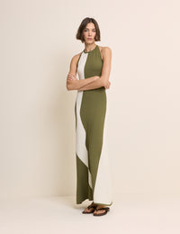 Khaki Abstract Striped Halterneck Maxi Dress