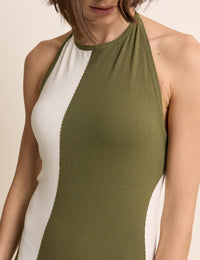 Khaki Abstract Striped Halterneck Maxi Dress