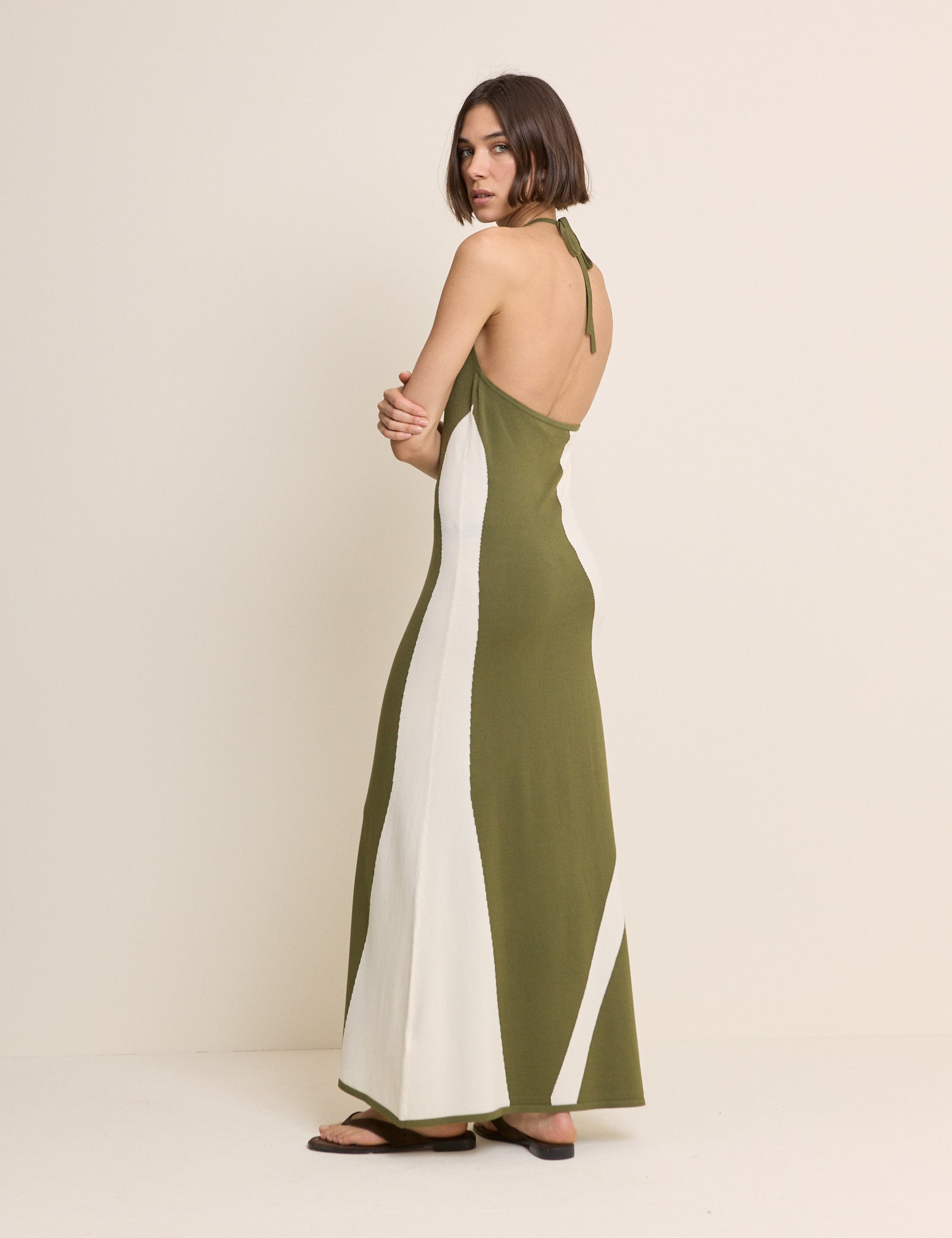 Khaki Abstract Striped Halterneck Maxi Dress
