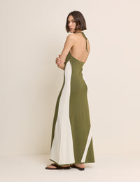 Khaki Abstract Striped Halterneck Maxi Dress