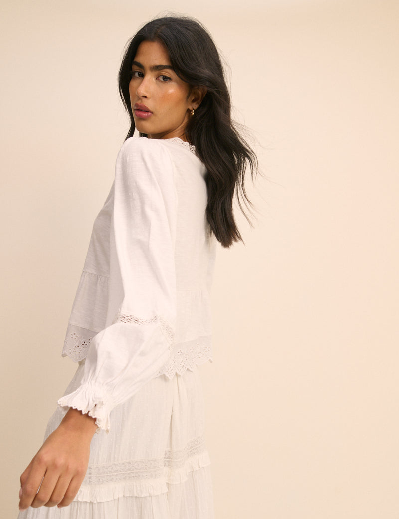White Embroidered Tie Front Jersey Blouse