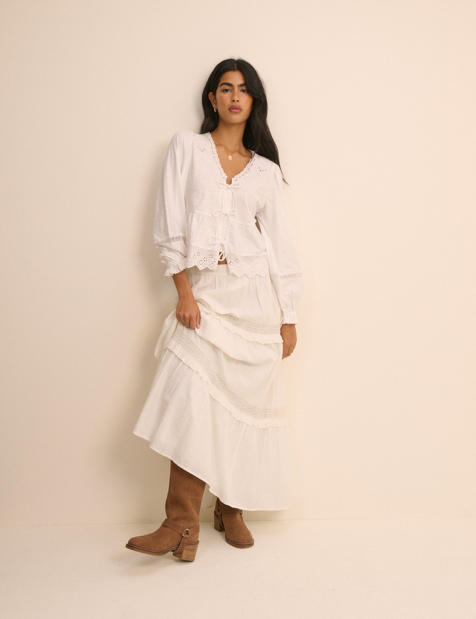 White Embroidered Tie Front Jersey Blouse