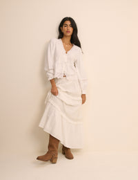 White Embroidered Tie Front Blouse
