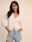 White Embroidered Tie Front Jersey Blouse