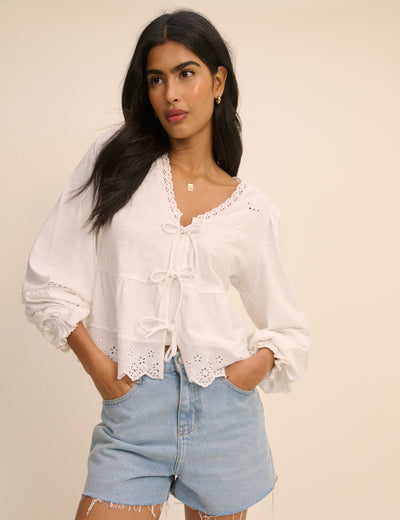 White Embroidered Tie Front Jersey Blouse