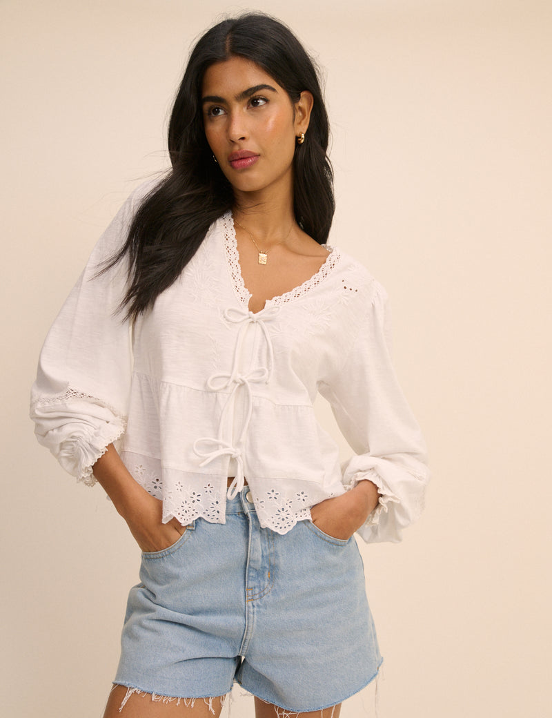 White Embroidered Tie Front Jersey Blouse