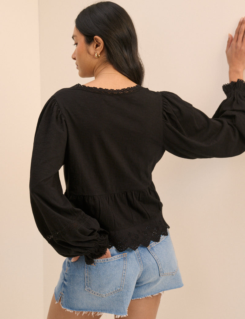 Black Embroidered Tie Front Blouse
