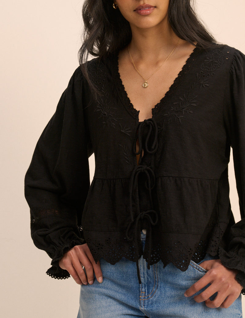 Black Embroidered Tie Front Blouse