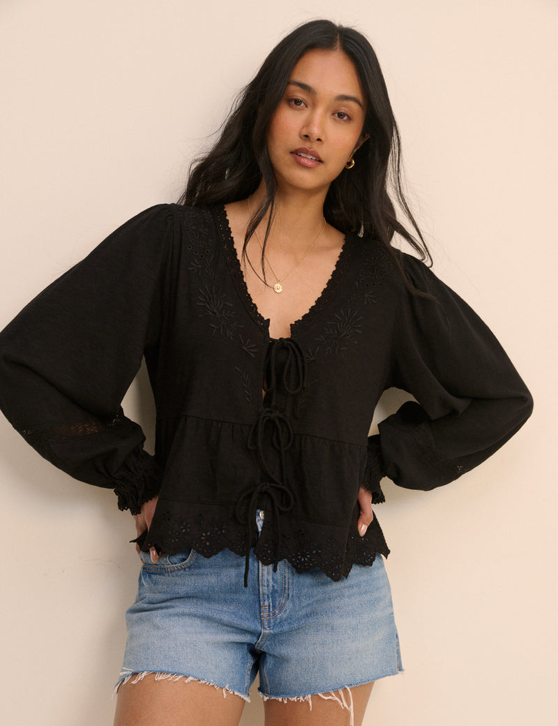 Black Embroidered Tie Front Blouse