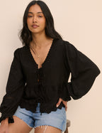 Black Embroidered Tie Front Blouse