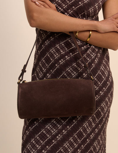 Chocolate Brown Suede Barrel Bag