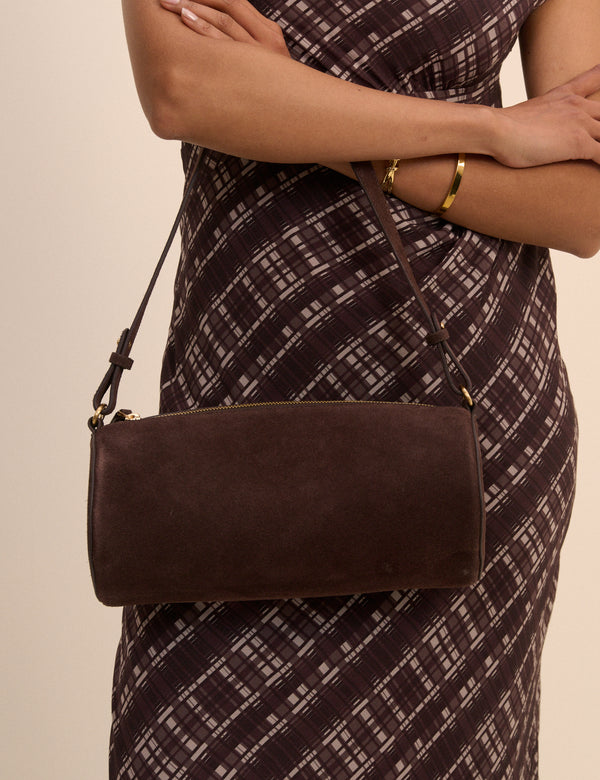 Chocolate Brown Suede Barrel Bag