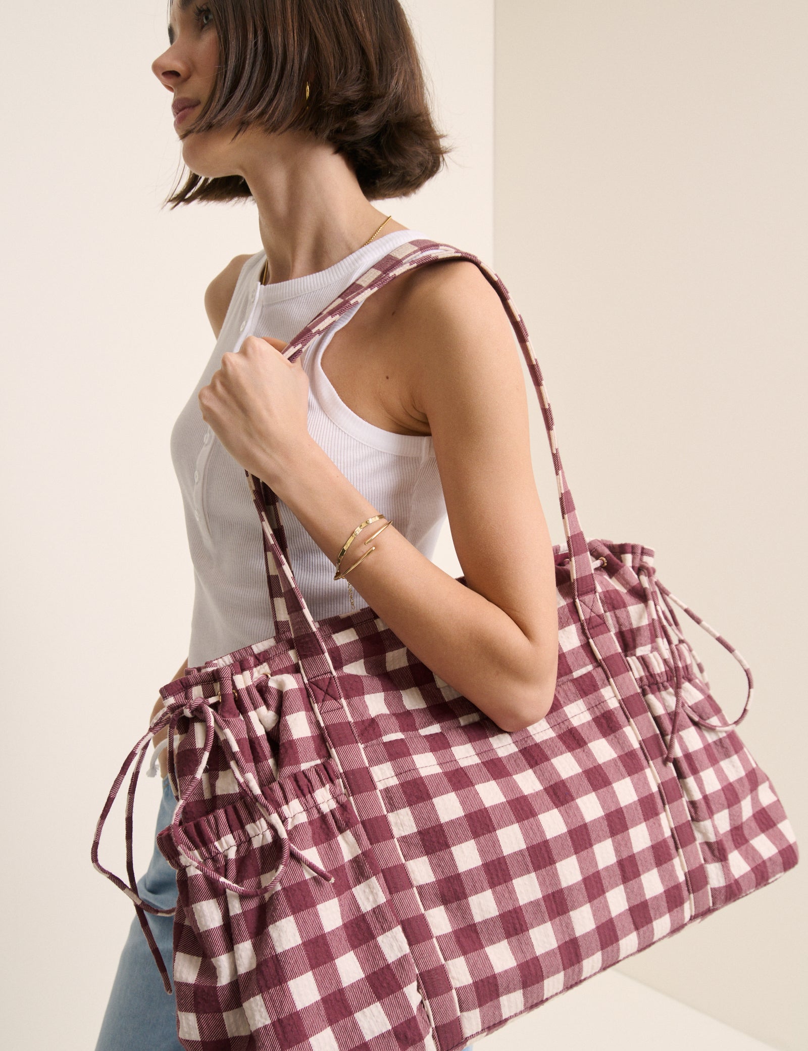Burgundy Gingham Cotton Holdall Bag
