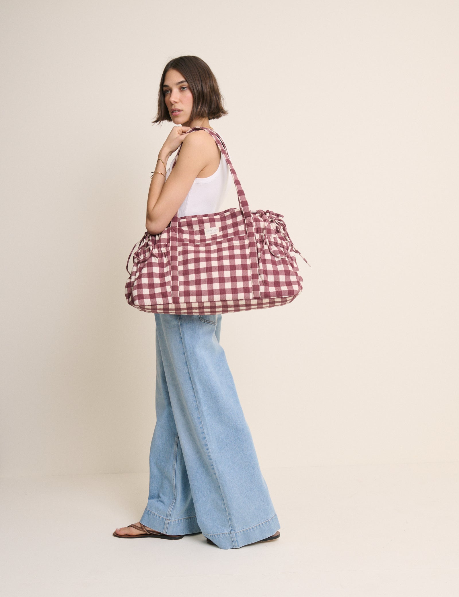 Burgundy Gingham Cotton Holdall Bag