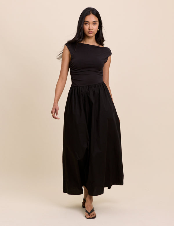 Black Draped Off Shoulder Beth Midi Dress