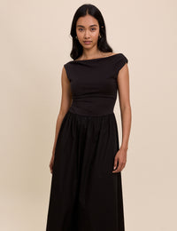 Black Draped Off Shoulder Beth Midi Dress