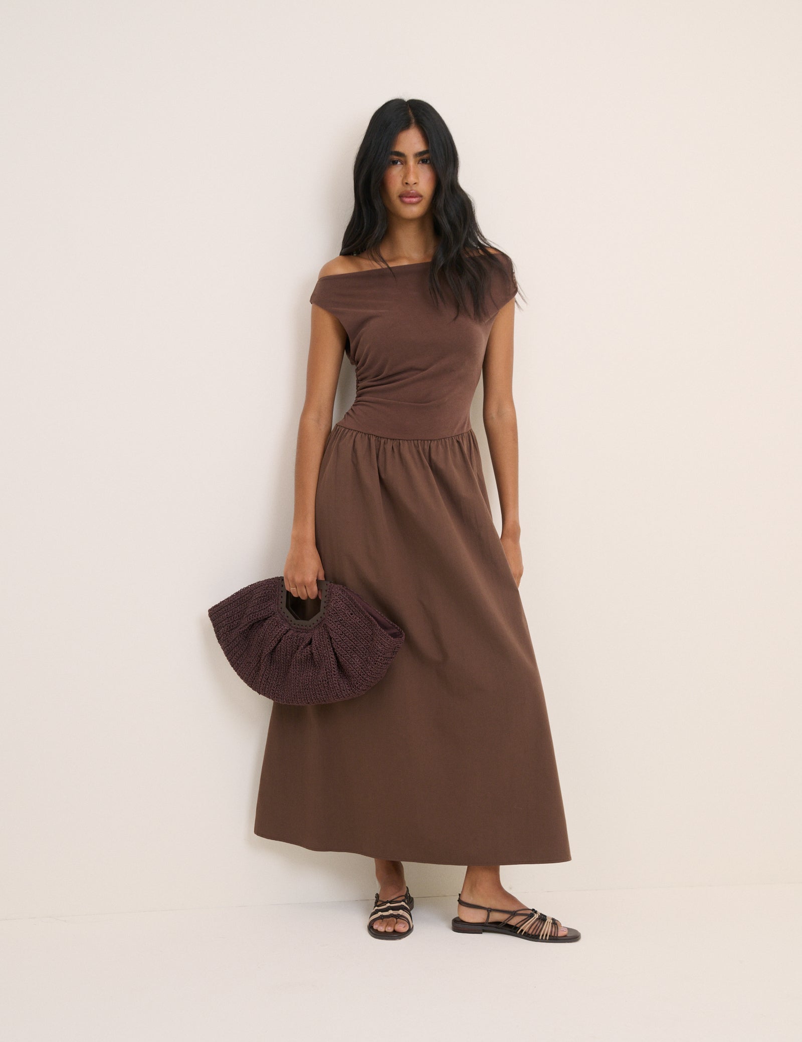 Brown Draped Off Shoulder Beth Midi Dress