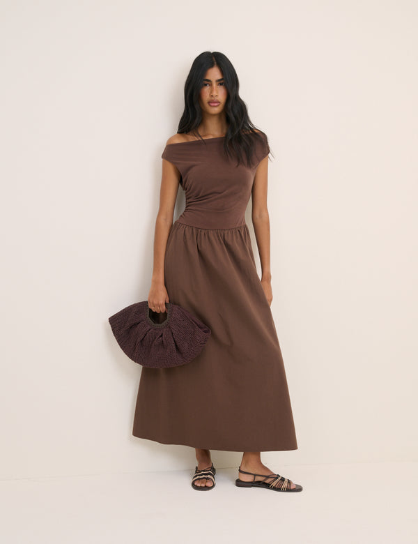 Brown Draped Off Shoulder Beth Midi Dress