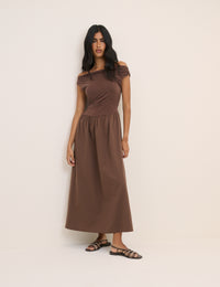 Brown Draped Off Shoulder Beth Midi Dress