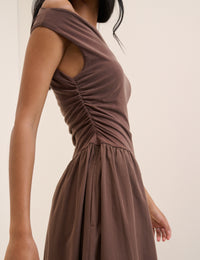 Brown Draped Off Shoulder Beth Midi Dress