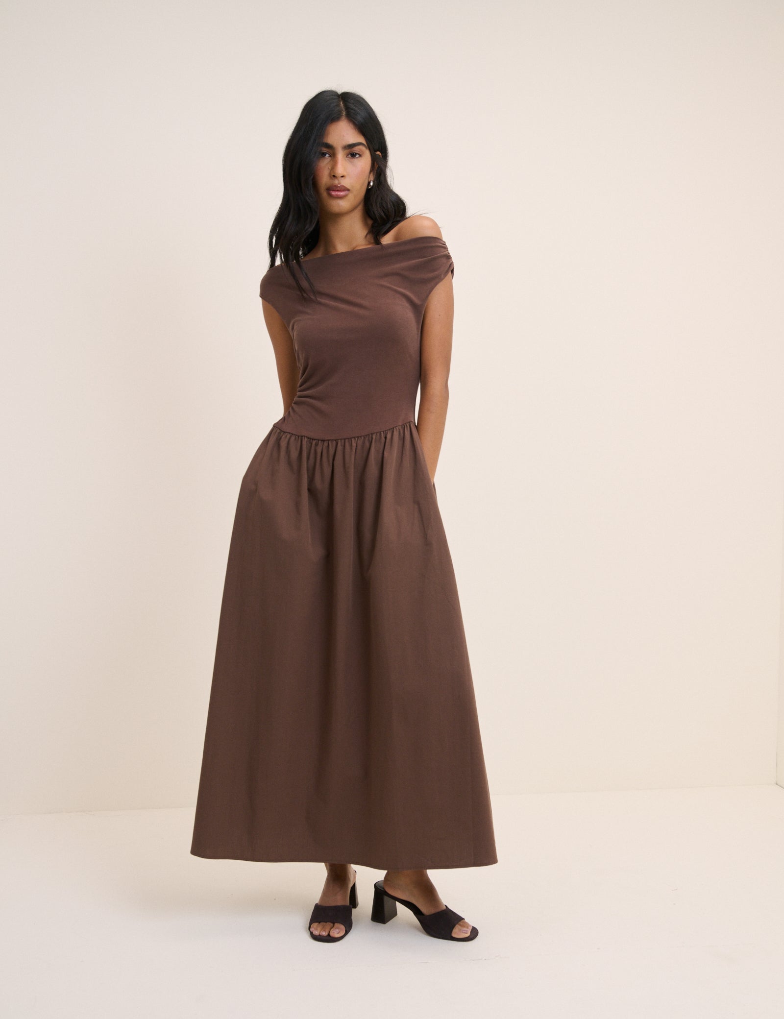 Brown Draped Off Shoulder Beth Midi Dress