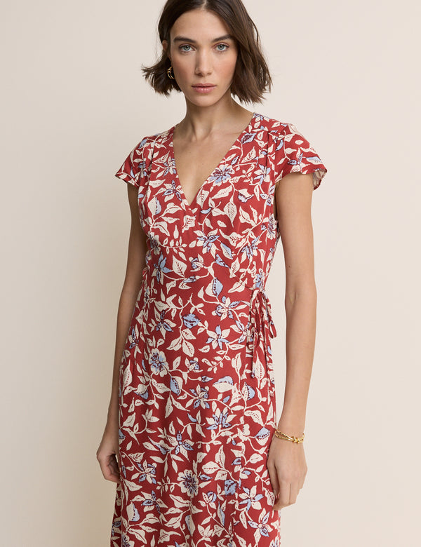 Red Floral Wrapover Bree Midi Dress