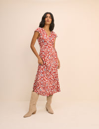 Red Floral Wrapover Bree Midi Dress