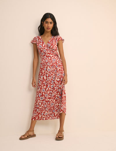 Red Floral Wrapover Bree Midi Dress