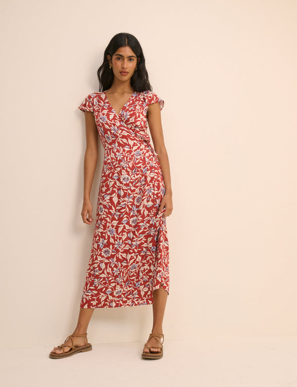 Red Floral Wrapover Bree Midi Dress