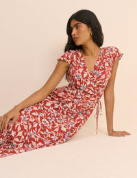 Red Floral Wrapover Bree Midi Dress