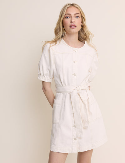 White Denim Puff Sleeve Hallie Mini Dress