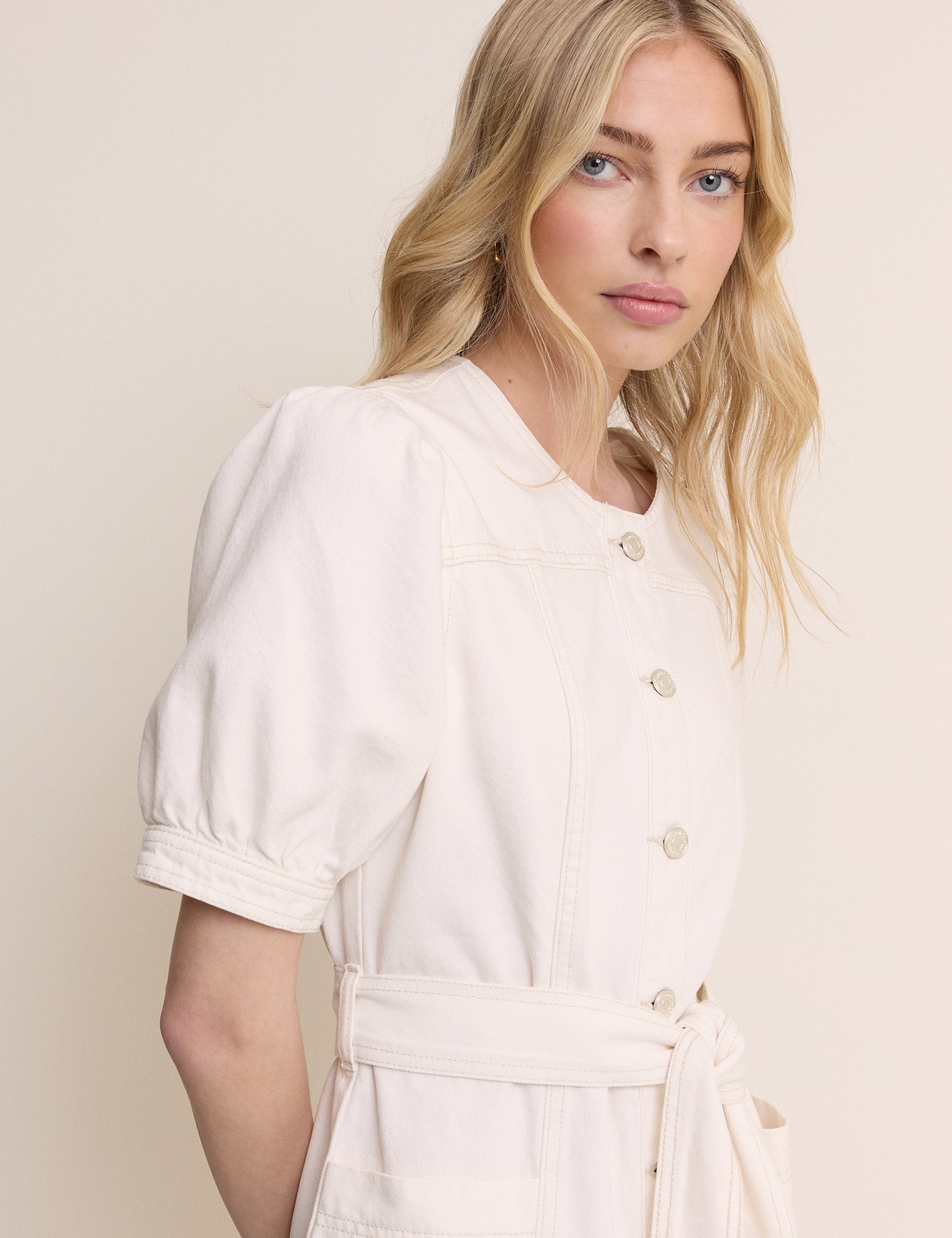 White Denim Puff Sleeve Hallie Mini Dress White Denim Puff Sleeve Hallie Mini Dress