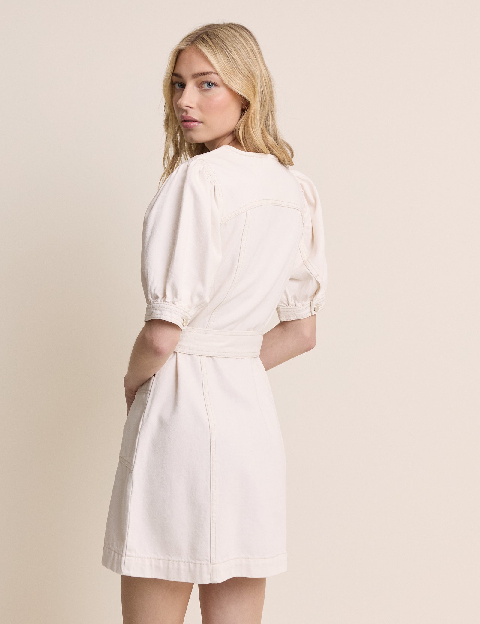 White Denim Puff Sleeve Hallie Mini Dress
