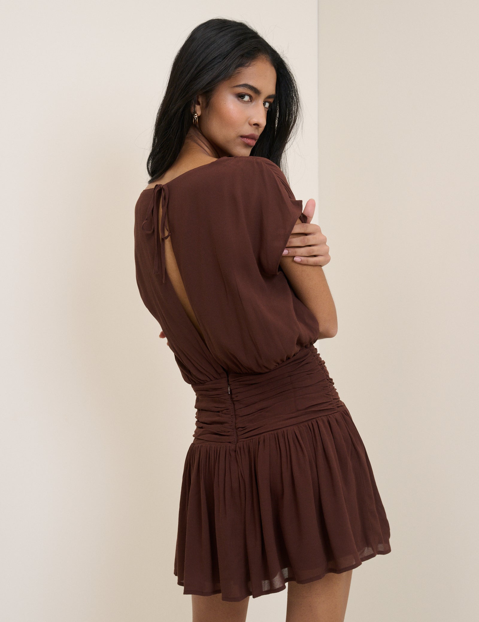 Chocolate Brown Boat Neck Pamela Mini Dress
