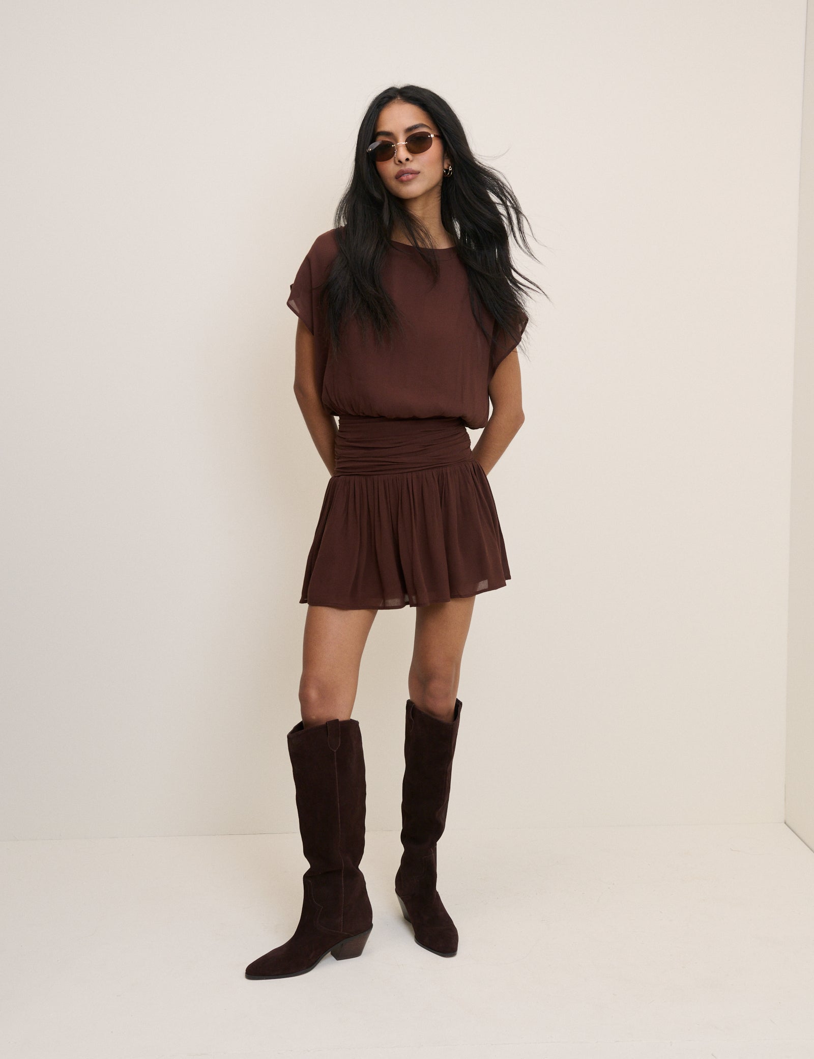 Chocolate Brown Boat Neck Pamela Mini Dress