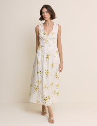 White Floral Shirred Sleeveless Isabella Midi Dress