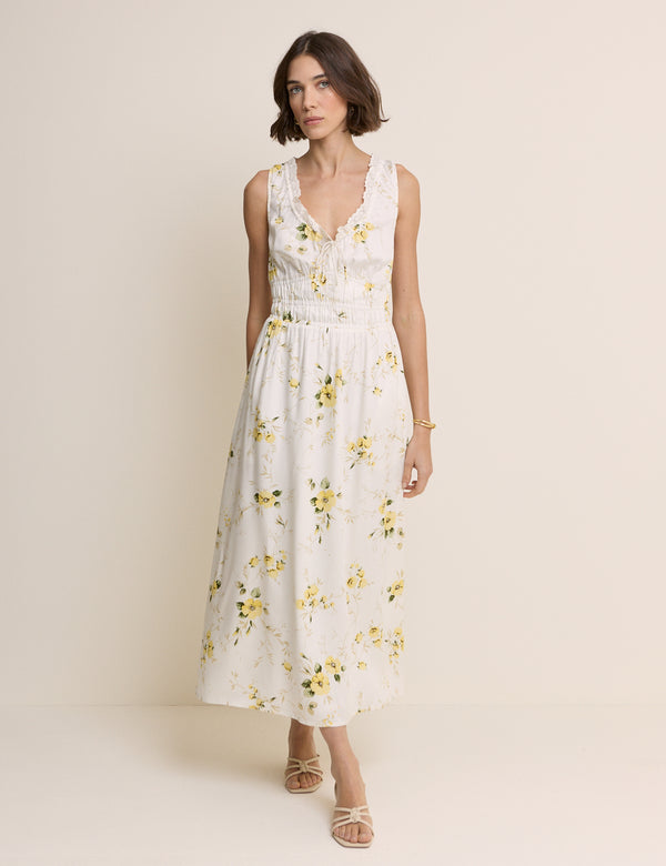White Floral Shirred Sleeveless Isabella Midi Dress