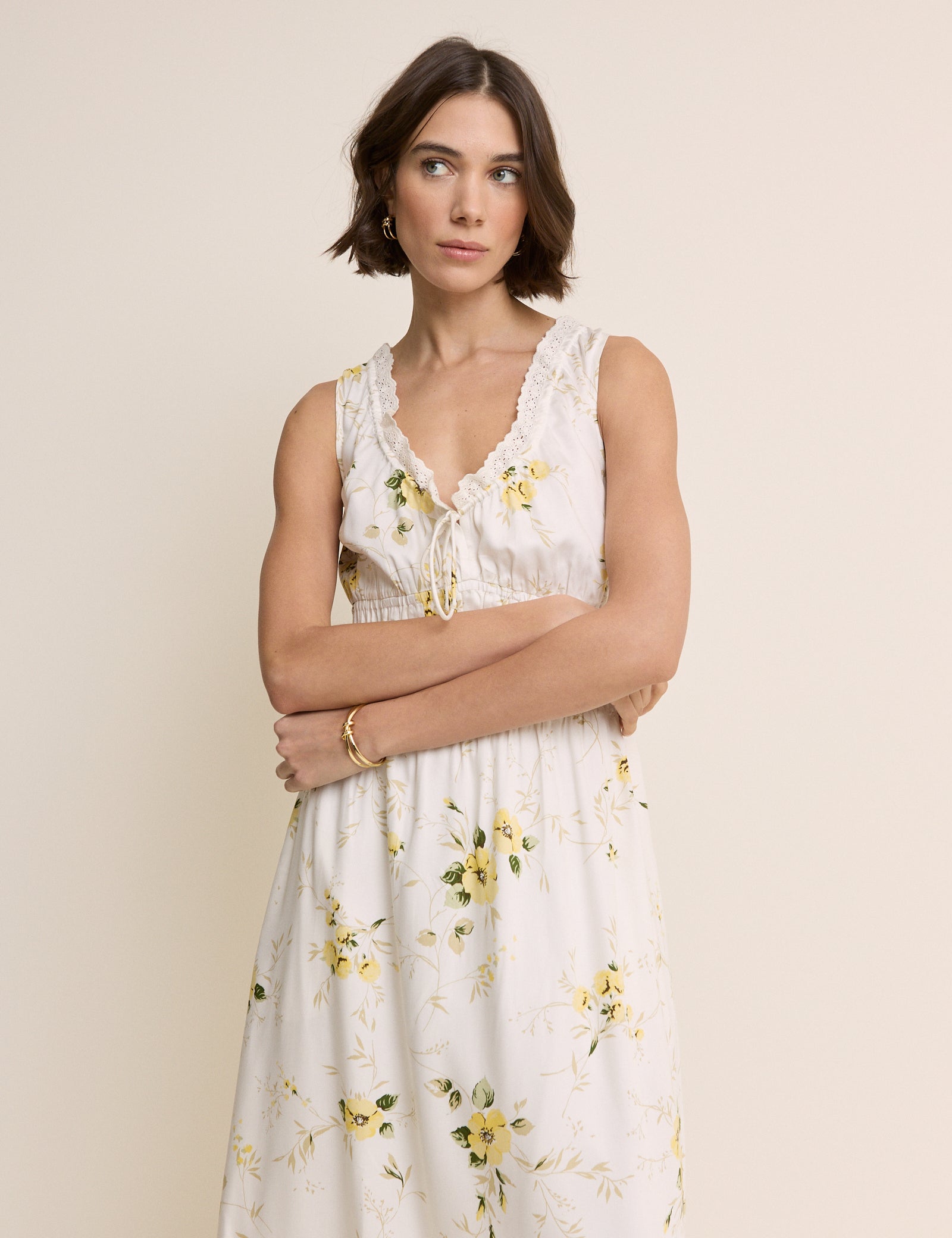 White Floral Shirred Sleeveless Isabella Midi Dress