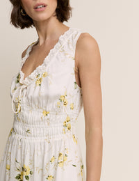 White Floral Shirred Sleeveless Isabella Midi Dress