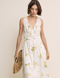 White Floral Shirred Sleeveless Isabella Midi Dress