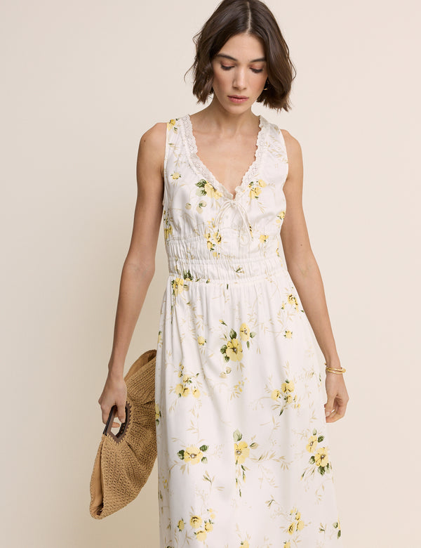 White Floral Shirred Sleeveless Isabella Midi Dress
