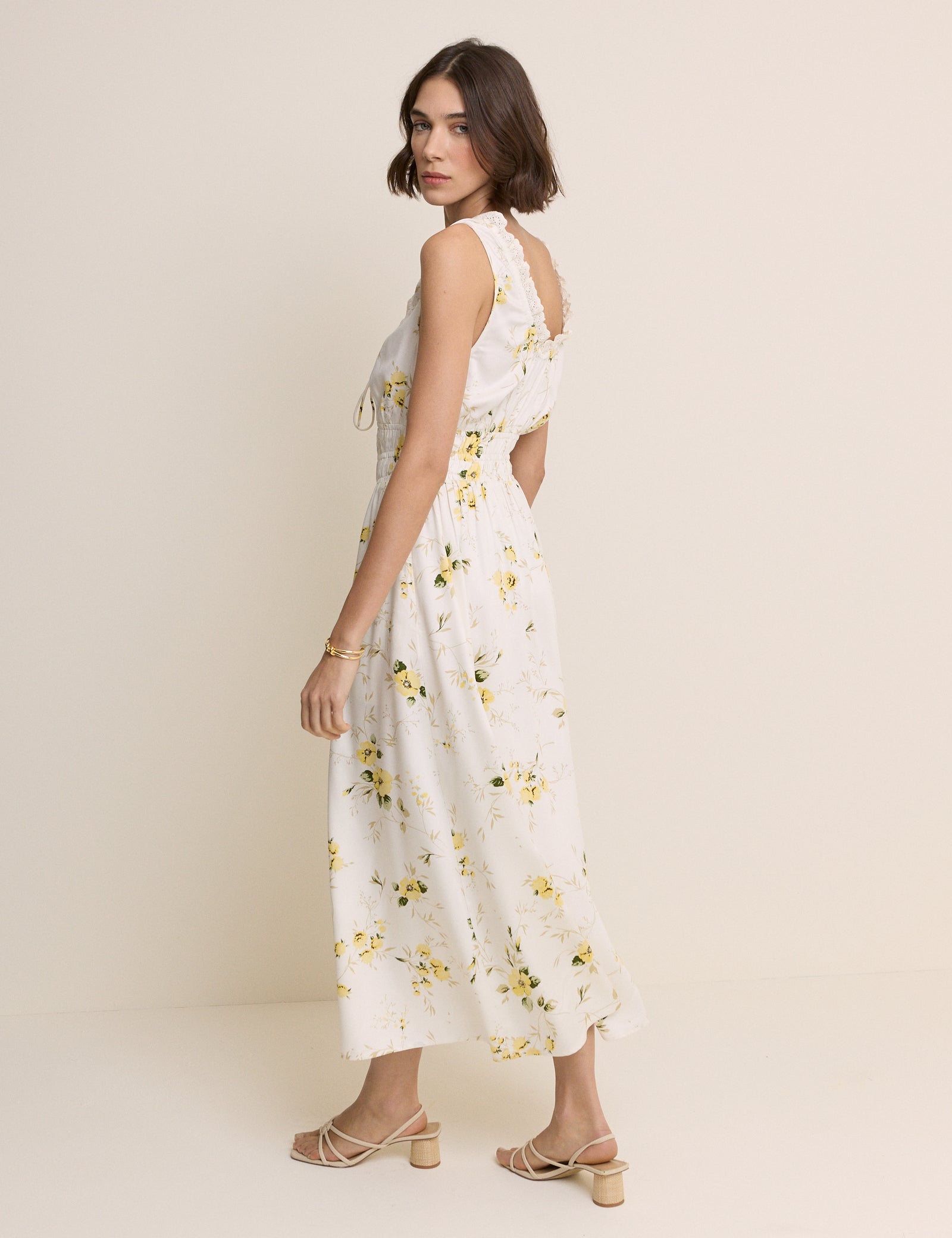 White Floral Shirred Sleeveless Isabella Midi Dress
