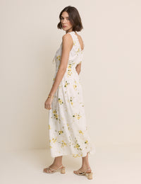 White Floral Shirred Sleeveless Isabella Midi Dress