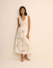 White Floral Shirred Sleeveless Isabella Midi Dress