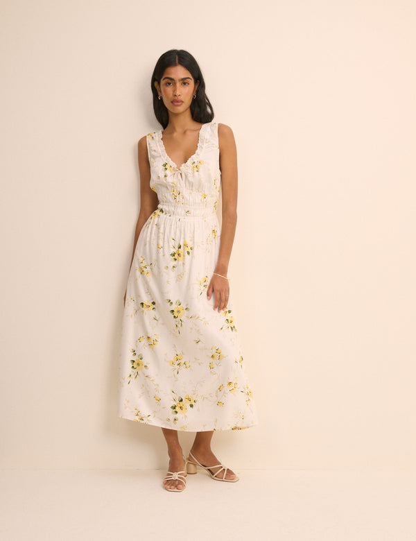 White Floral Shirred Sleeveless Isabella Midi Dress