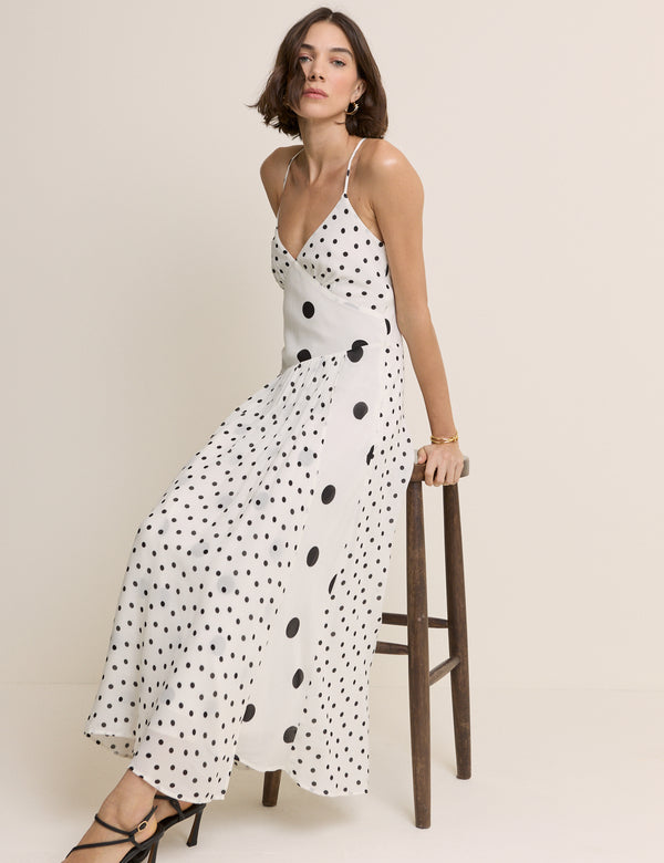 White Polka Dot Asymmetrical Dani Midi Dress
