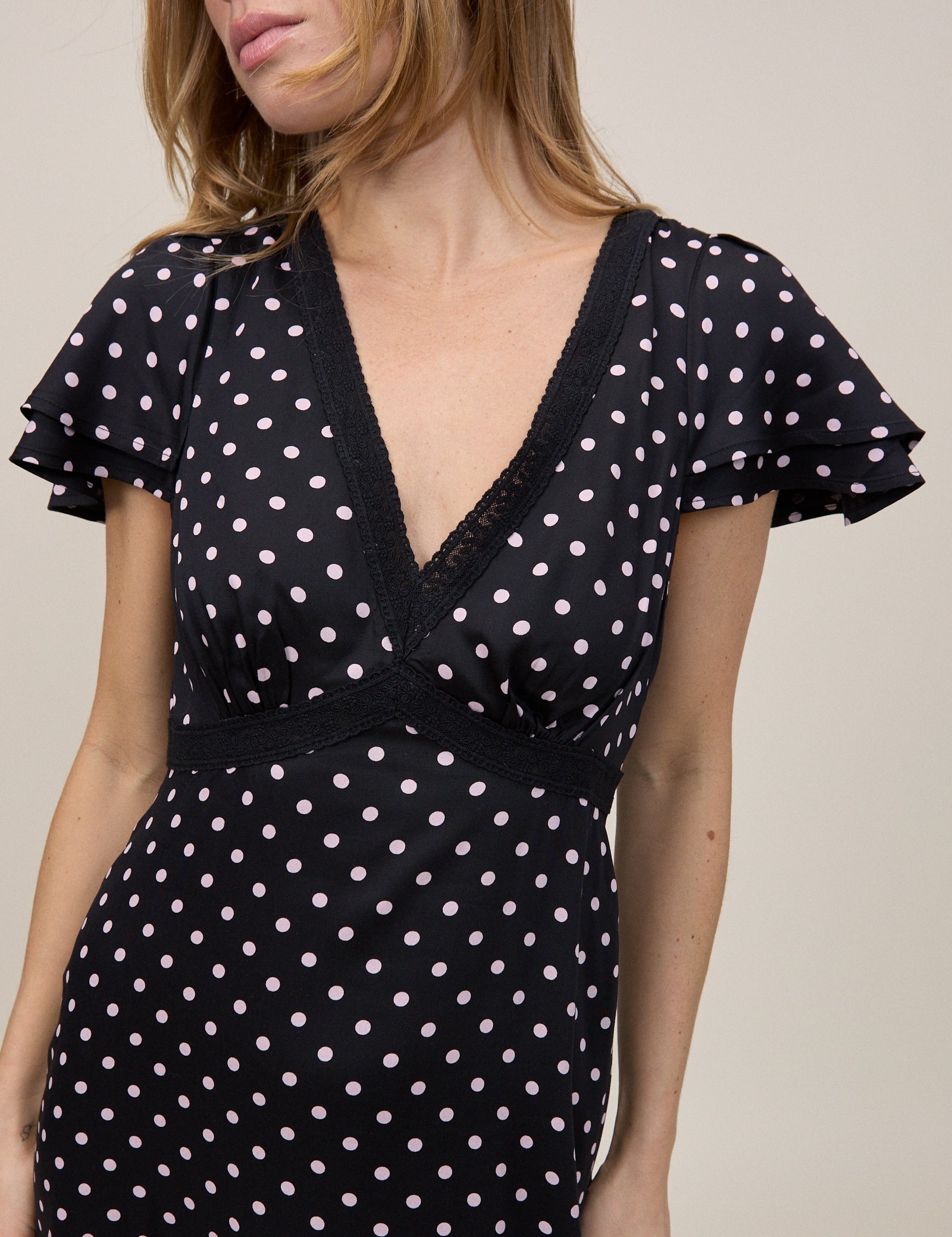 Black Polka Dot Lace Trim Iris Midi Dress